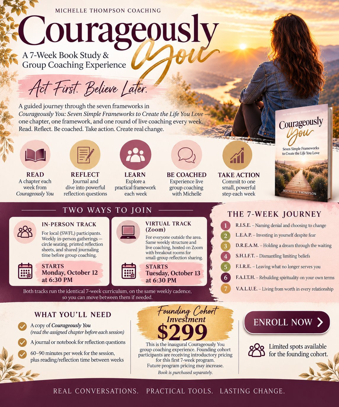 Promotional poster for Courageously You, a 7-week book study and group coaching experience by Michelle Thompson Coaching, featuring sunrise mountain background and program details.