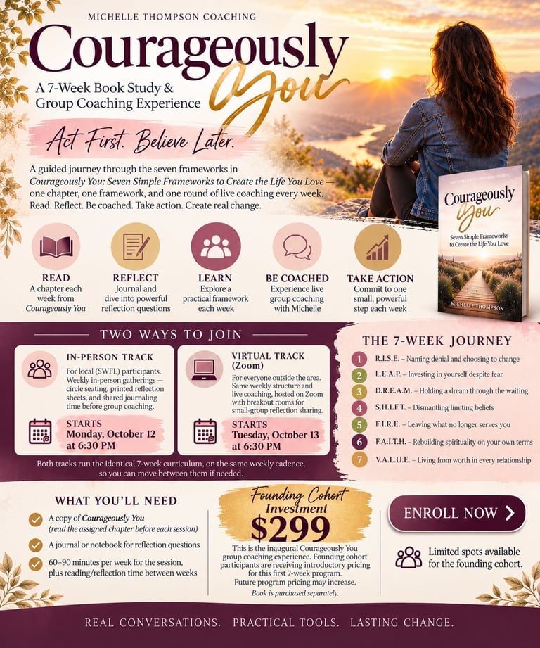 Promotional poster for Courageously You, a 7-week book study and group coaching experience by Michelle Thompson Coaching, featuring sunrise mountain background and program details.